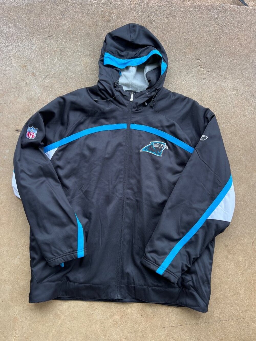 NFL Carolina Panthers 2XL Jacket Black & Blue Hooded Authentic Sideline By Reebo